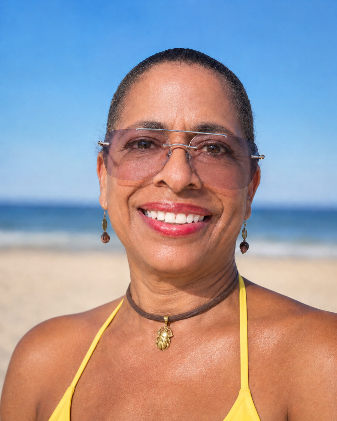 Portrait of Lori "Minky" Radcliffe at the beach, smiling and wearing sunglasses with a gold scarab choker necklace and yellow top straps