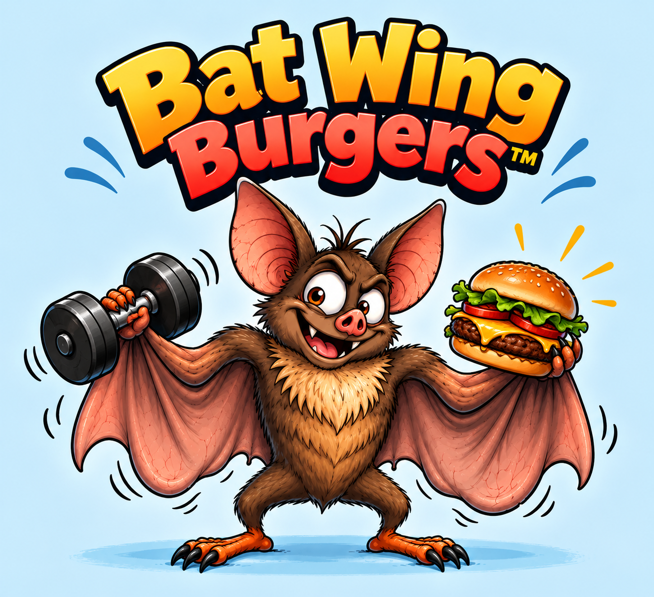 A cartoon bat flexing a dumbbell in one hand and holding a cheeseburger in the other