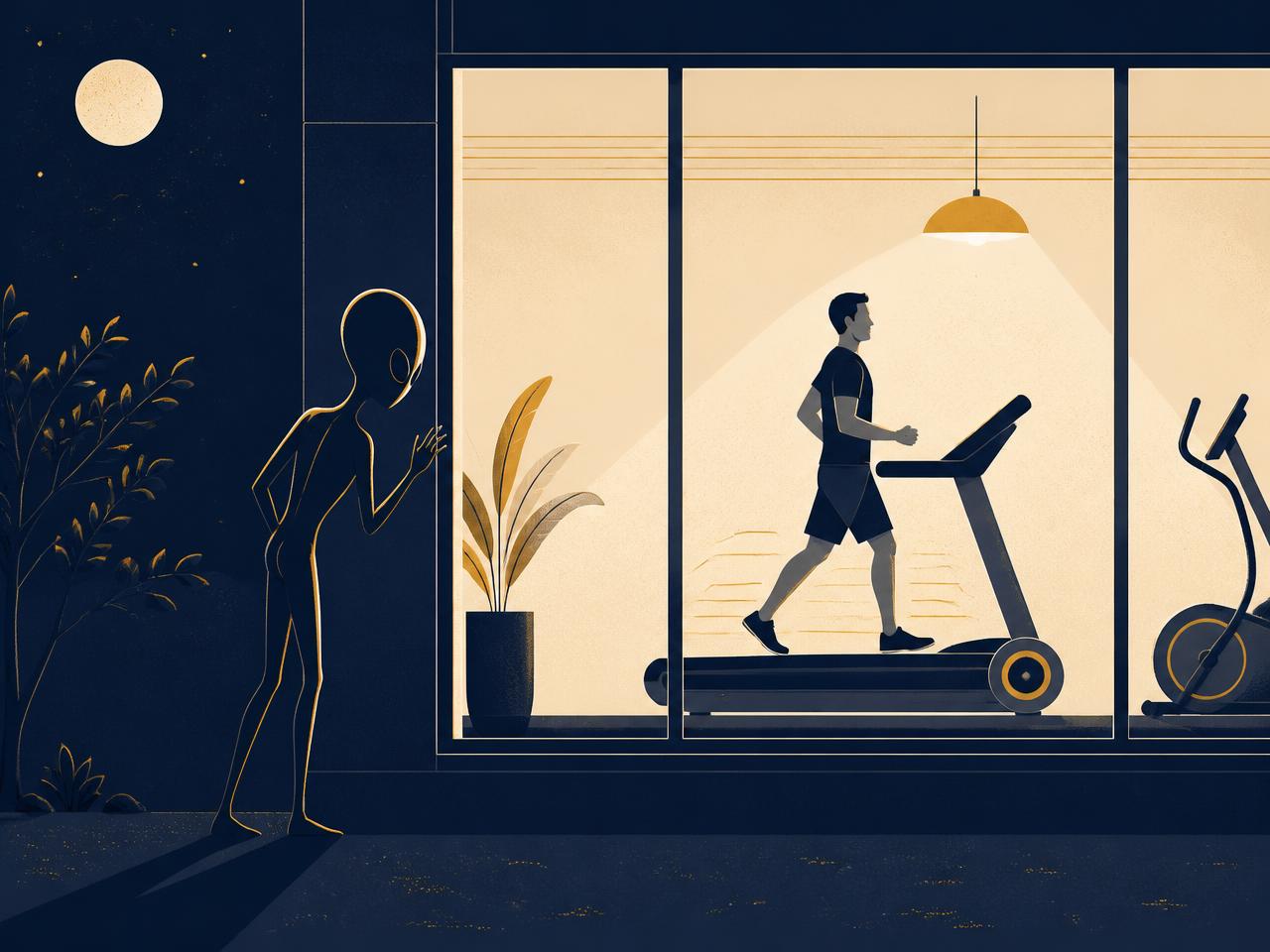 Illustration of an alien peering through a gym window at a person walking on a treadmill at night