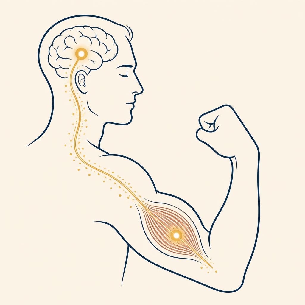 Line illustration of a signal traveling from the brain down the arm into a bicep